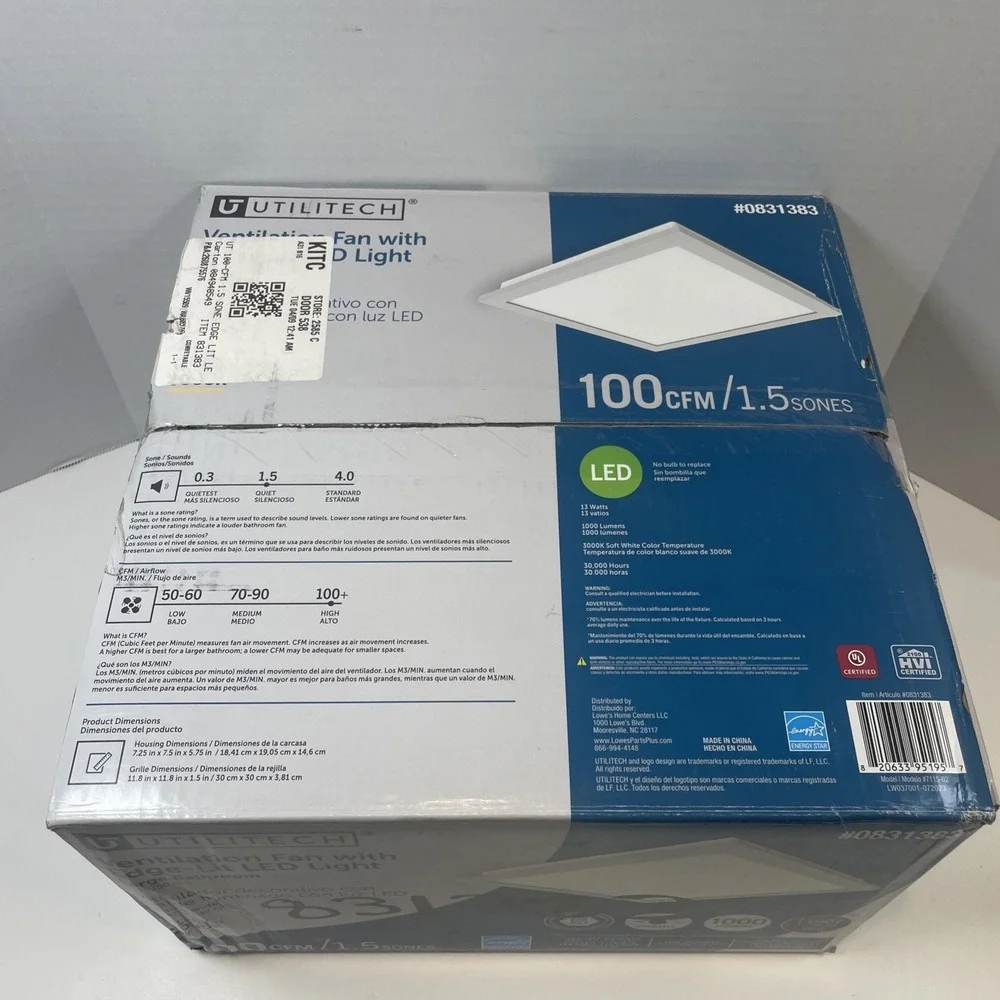 Utilitech Ventilation Fan White 100CFM 1.5Sone Edge-Lit LED Light Dimmable